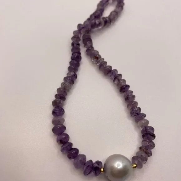 14k Amethyst Bead Necklace with Pearl - Picture 10 of 12